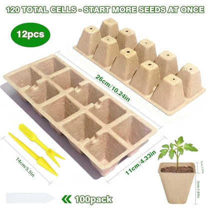 120 Cells Seed Starter Tray, 12 Pack Germination Peat Pots with 100 Labels, Plant Starter Kit for Seedlings
