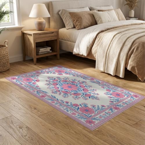 5'x7' Pink Toile Motif Way Flower Chinoiserie Washable Area Rug - color: Pink/Pattern 17, size: 5' x 7' (Rectangular)