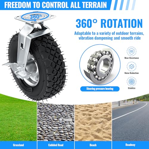 10 inch Casters Wheels, Heavy Duty Casters Set of 4 Load 1300lbs with Brake, Locking Swivel Plate Caster, Industrial Castor Wheels for Workbench, Cart, Trolley, Wagon and Shelves - size: 10 inch (2 Swivel with Brake-No Direction Lock)