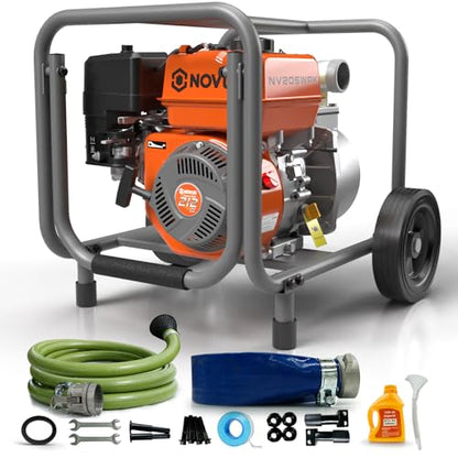 NOVUS 2-Inch Semi Trash Pump with Foldable Handle and Wheels, 212cc Engine - size: 2 Inch with Hose and Wheel