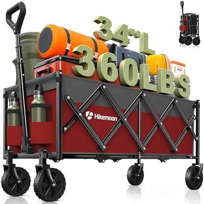HIKEMOON 34'' Extra Long Folding Portable Wagon, 120L 360LBS Red & Grey - color: Red & Grey