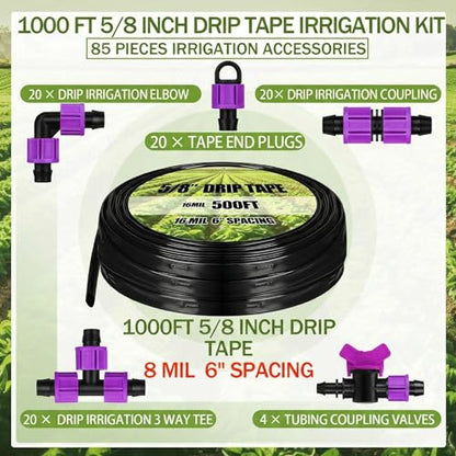Tondiamo 1000' 5/8 Inch Drip Tape Irrigation Tubing Kit 8 Mil 6" Spacing Garden Hose Watering Tube Line Automatic Equipment for Garden Irrigation System Farms, Landscape, Lawn - size: 1000', 8 Mil