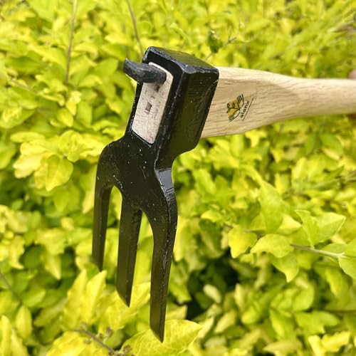 14 inch Japanese Hand Tiller/Rake for Garden, 3-tines Cultivator, Without Welding, Oak Handle, for Digging, Soil Preparation, Chopping Through Roots and Hard Soil and Other Gardening tasks