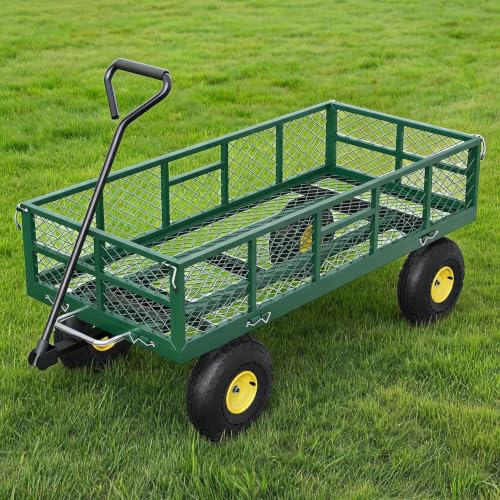 900 lb Heavy Duty Steel Garden Dump Cart, Utility Yard Wagon - Removable Mesh Sides - 10" Pneumatic Tires - 180° Swivel Handle - Outdoor Lawn & Farm Hauling - Green/Black/Yellow, TC1840-3 - color: Green