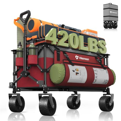 HIKEMOON 150L Collapsible Wagon Compact, Big Wheels, 420LBS Red & Grey - color: Red & Grey