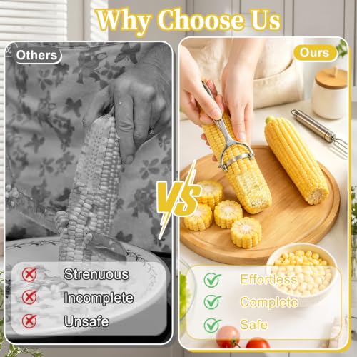 2 Pcs Corn Peeler with Folk, Stainless Steel Stripper Tool for Corn On the Cob, Ergonomic Handle, Kernel Remover Cutter for Fresh or Cooked Cobs, Multifunctional Kitchen Gadget
