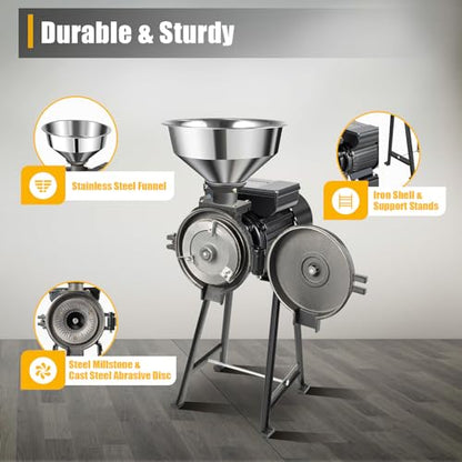 Electric Grain Grinder Mill,110V 1500W Commercial Corn Mill Grinder Machine Feed Mill Wheat Grinder, Thickness Adjustable Flour Mill Cereals Grinder with Stainless Steel Funnel 1400r/m - color: Dry & Wet Grinder All Black