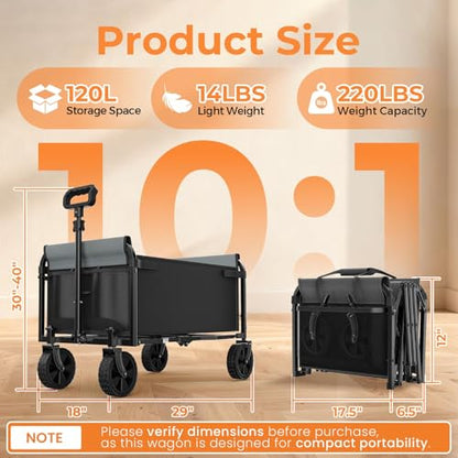 3-in-1 Portable Collapsible Wagon Cart with Removable Side - size: 120L