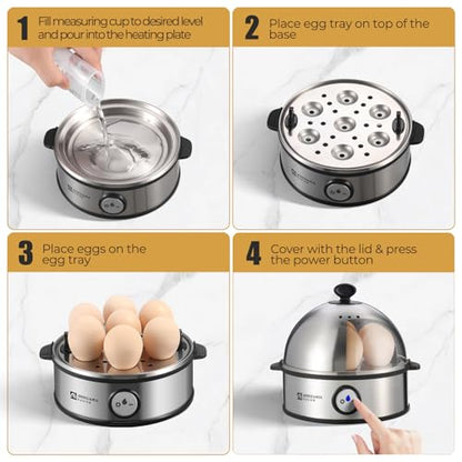 Annie & Mia Design Electric Egg Cooker, All Stainless Steel 7 Egg Capacity egg boiler, 360W, Hard, Medium, Soft Boiled Egg Poacher, egg steamer, Multi-function, Auto Shut-Off Function, BPA-free