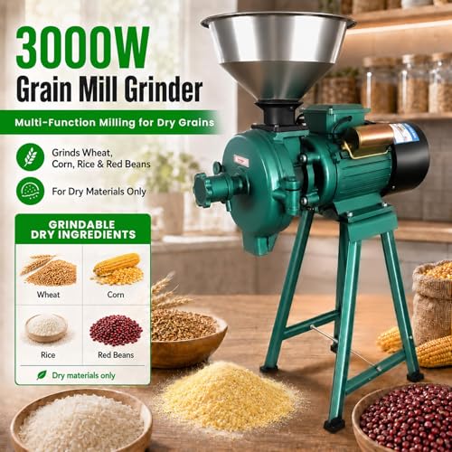 Commercial Electric Grain Grinder 3000W, High-Speed Grain Mill, Heavy-Duty Molino Para Moler Maiz, Suitable For Corn, Wheat, Spices, Red Beans, Rice, Dry Grains, Ideal For Farm, Home, Restaurant