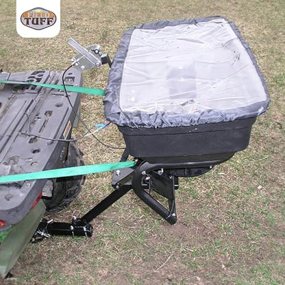 Field Tuff Hitch Mount Grass Seed Spreader with Rain Protector for ATV, UTV, or Utility Tractor, Black - size: 125 lb Capacity