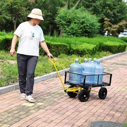 Suncast Wagon with Removable Sides- Farm, Warehouse, Garden Dump Cart- Solid PU Wheels (Yellow+Black) - color: Yellow+black Solid Wheels