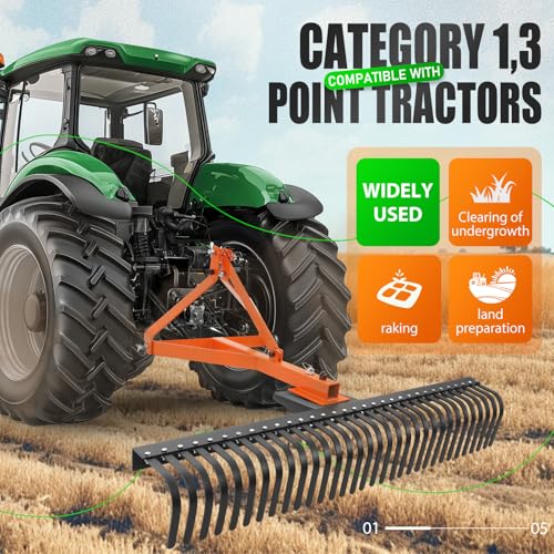 KUAFU 60 in Landscape Rake Compatible with Category-1 Tractor 3 Point - style: Orange