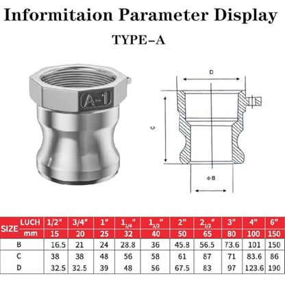 316 Stainless Steel 1 1/2" Camlock Fitting - Female thread pipe fitting - size: Cam lock 1 1/2" Type D+A