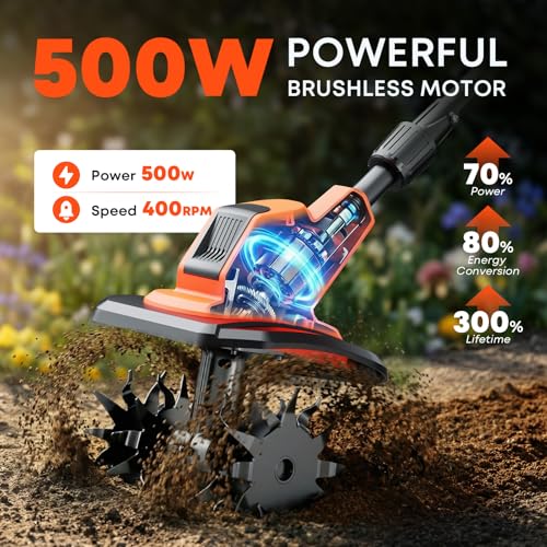 21V Cordless Tiller Cultivator, 6000mAh Battery Powered Tiller, 400RPM Electric Tiller for Gardening, 9.5" Width, 7" Depth for Soil Preparation, Lightweight Garden Rototiller for Lawn/Soil Cultivation