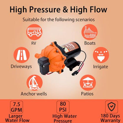 12V Washdown Pump Kit 7.5GPM 80PSI Self Priming for Marine RV Boat