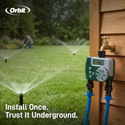 Orbit 2-Zone All-in-One Automatic Watering System - Automatic Sprinkler System for Yard Irrigation Setup - DIY Lawn Kit - Double Outlet Hose Timer - Easy Push-Fit Technology - Large Coverage - 50021 - style: Large Area