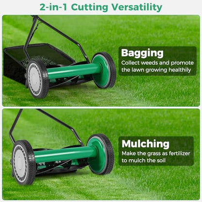 Push Lawn Mower, 14" Manual Rear Mower with 5 Steel Blades, Adjustable Cutting Heights & Grass Catcher Bag, Walk-Behind Grass Cutter Lawn Sweeper for Garden, Park & Yard (Green) - color: Green, size: 14"