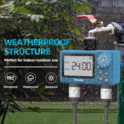TiFFCOFiO Sprinkler Timer Outdoor, Digital Programmable for Garden Hose, Irrigrtion Timer with Rain Delay and Manual Mode (2 Oulets, 1 Pack)