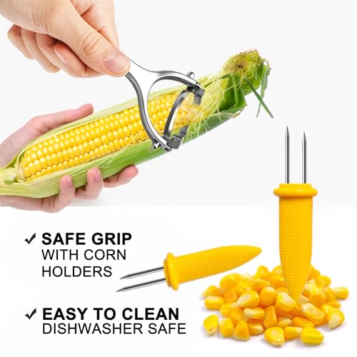 Corn Peeler Tool Set, Stainless Steel Corn Kernel Remover with Serrated Blade, Ergonomic Non-Slip Handle, Includes Corn Holders for Easy Corn Cutting