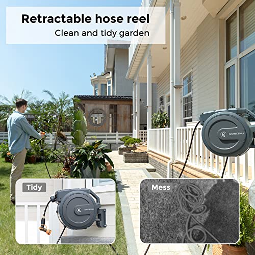 Giraffe Tools Retractable Garden Hose Reel 1/2"130FT Metal Bracket - size: 1/2 inch x 130 ft