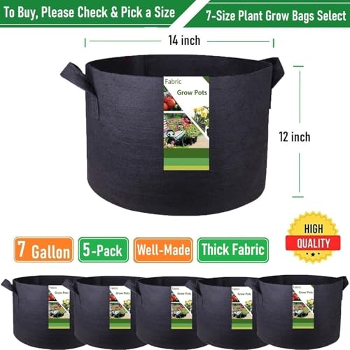 5-Pack 7 Gallon Thickened Plant Grow Bags (14x12 in) Fabric Plant Pots for Tomato,Potato Planter Bags,Herbs Veggies Planters,Flower Pot,Garden Pot,Barrel Planter,Plant Container with Gardening Gloves - size: 7 Gallon (14x12 inches)