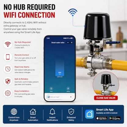 Smart Wifi Water Valve, Copper Handle Valve, Compatible with Alexa Google, No Hub Required