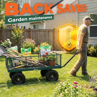 Sekey 1400lbs Heavy Duty Steel Garden Cart for Farm & Construction, 7.7 Cu.Ft. Extra-Large Utility Wagon with Removable Sides, 2-in-1 Towable Handle, 13" Rubber Tires, Green - color: Green, size: 1400LBS