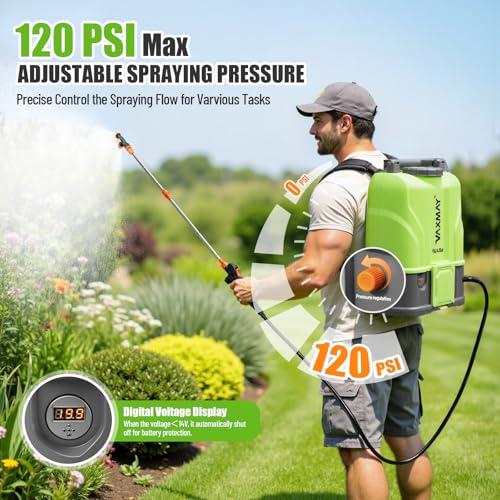 VAXMAY Battery Powered Backpack Sprayer 4.2 Gallon, 120 PSI Electric Garden Sprayer Compatible with DeWalt 20V Battery, Weed Yard Sprayer with 2 Wands, 5 Nozzles, 2.6 Ah Battery & Charger Included - size: 4.2 Gallon