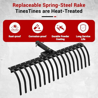 48 Inch Tow Behind Landscape Rake, Black Durable Tractor Rake with 2 Inch Receiver Fit for Lawn Tractor ATV UTV, All Steel Anti-Rust Yard Rake for Pine Needles Leaves Grass Cleanup (48 Inch) - size: 48 Inch