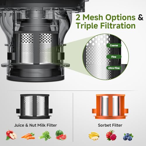 3-IN-1 Cold Press Juicer for Juice, Nut Milk & Sorbet - Self Feeding Juicer Machines with Pre-Cut Blade, 6.5"&100oz Extra Large Chute Fits Whole Fruits & Vegetables, High Yield, Easy Clean - color: Black