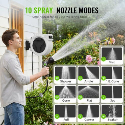 100ft Retractable Garden Hose Reel 1/2" with 10-Function Nozzle - color: Black & White