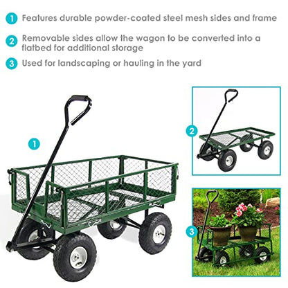 Sunnydaze Utility Steel Garden Cart - Removable Sides - 400-Pound Capacity - Green