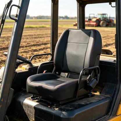 Universal Forklift Tractor Seat Suitable for Forklifts, Tractors, Excavators Fitted with a Seatbelt and Side Cup Holders, Black