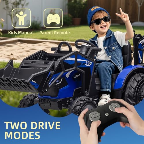 3 in 1 Kids 24V Ride On Tractor, Excavator & Bulldozer, Electric Vehicle w/Trailer, Digger, Shovel Bucket, Remote Control, EVA Tires, LED Lights, Music & USB, Battery Powered Ride On Car Toy, Blue