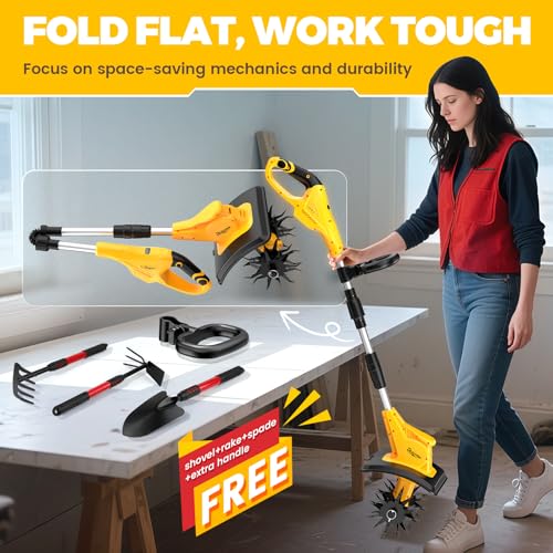 Battery Powered Tiller Compatible with Dewalt 20V Battery(Tool Only), 310RPM Folding Electric Rototiller Features 40 Steel Tines, 9.1In Tilling Width & 6.3In Depth Tiller - color: Compatible with Dewalt 20V Battery