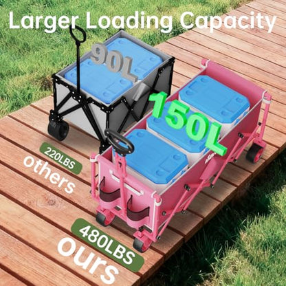 34" Extra Long Collapsible Wagon Cart, 480LBS Capacity, Rose Pink - color: Rose Pink