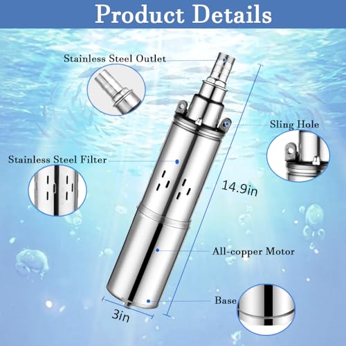 24V DC Solar Deep Well Pump,260W Submersible Water Pump,131FT Lift