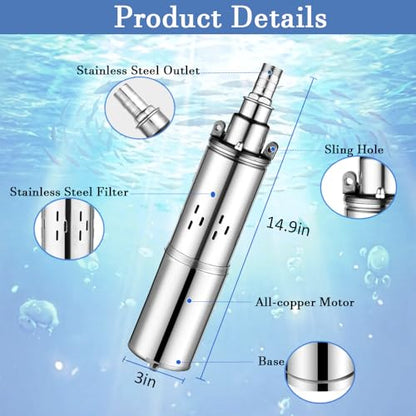 24V DC Solar Deep Well Pump,260W Submersible Water Pump,131FT Lift