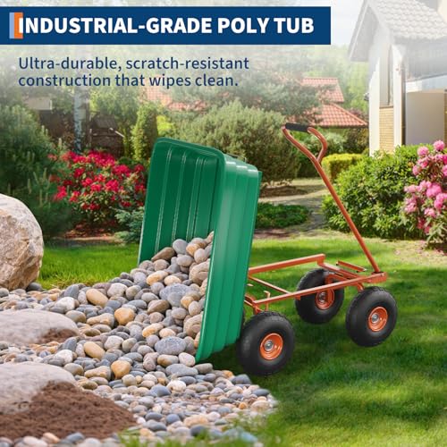 Poly Dump Cart - Heavy Duty 1200lbs Capacity, 125L Green Frame with Orange Bed Garden Utility Wagon, Quick-Release Dumping & 13” No-Flat Tires for Yard Work