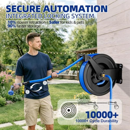 SPECILITE Hot/Cold Retractable Garden Hose Reel 50ft x 5/8", Blue - color: Blue