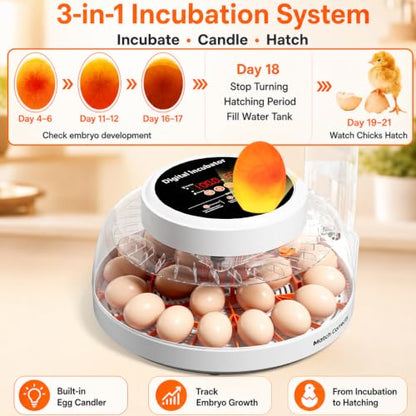 Upgraded Egg Incubators for Hatching Eggs, 22 Egg Incubator with Automatic Egg Turning, Temperature Control & Humidity Display, LED Candler, Incubator for Chicken, Duck, Quail Eggs