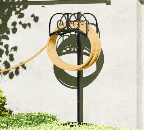 Upgraded Garden Hose Holder Stand with 4 Spikes - Heavy Duty Metal Water Hose Reel, Hose Organizer, Holds 150ft Hose for Outside Yard Lawn, Black