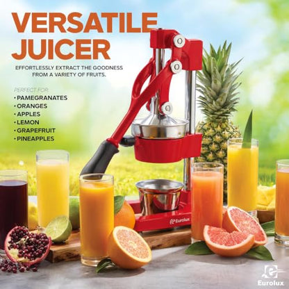 Eurolux Ultra-Premium Cast Iron Juicer | Extra-Large, Heavy Duty, Commercial Grade, Stainless Steel Manual Hand Press Citrus Squeezer For Fresh Orange Juice, Pomegranate, Lemon, and Much More (Red) - color: Red