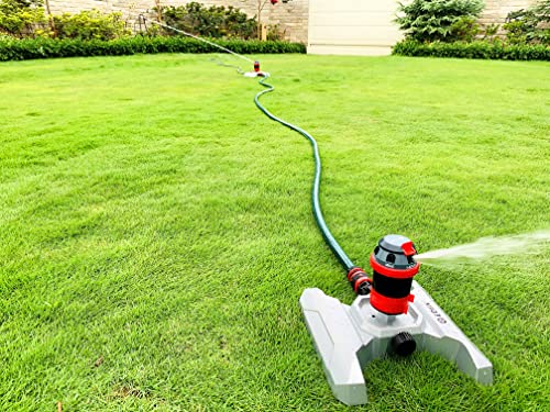 Eden 96122 Metal Base 6-Pattern Rotary Gear Drive Sprinkler | Quiet Operation, Adjustable Range, 5°- 360° Coverage, Flow-Through Design for Customized Watering, Quick Connect Starter Set Included