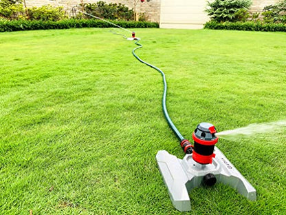 Eden 96122 Metal Base 6-Pattern Rotary Gear Drive Sprinkler | Quiet Operation, Adjustable Range, 5°- 360° Coverage, Flow-Through Design for Customized Watering, Quick Connect Starter Set Included