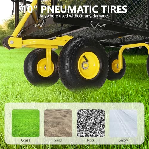 Steel Garden Cart, 2-in-1 Heavy Duty Utility Wagon 900 LBS Capacity Carts with Removable Mesh Sides to Convert into Flatbed, 240° U-Turn 10" Pneumatic Tires Garden Wagon for Lawn Camping Farm Yard - color: Yellow