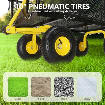 Steel Garden Cart, 2-in-1 Heavy Duty Utility Wagon 900 LBS Capacity Carts with Removable Mesh Sides to Convert into Flatbed, 240° U-Turn 10" Pneumatic Tires Garden Wagon for Lawn Camping Farm Yard - color: Yellow