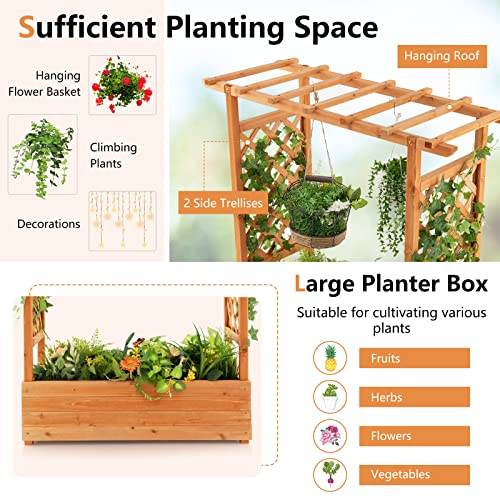 S AFSTAR Raised Garden Bed with Arch Trellis, Wood Planter Box with Hanging Roof, Side Trellis, 4 Drainage Holes, Above Ground Elevated Garden Bed for Outdoor Climbing Plants Vines Patio - size: 43.5"L x 17.5"W x 44.5"H