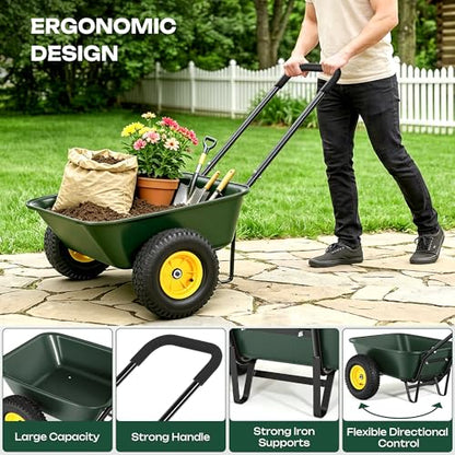 2 Wheel Wheelbarrows, Dual-Wheel Garden Dump Cart with 10" Non-Slip Pneumatic Tires & Ergonomic Padded Handle, Heavy-Duty Utility Yard Cart Wagon with 3 Cu Ft Capacity for Lawn, Gardening,Farm - color: 3cbf| Dark Green